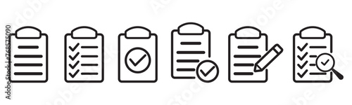 Clipboard icon set. Clipboard outline icons. Checklist symbol. Checklist on the clipboard line icon with checkmarks, checklist, document, pencil.