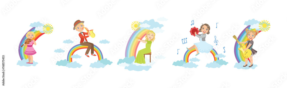 Kid Playing Musical Instrument on Rainbow Vector Set