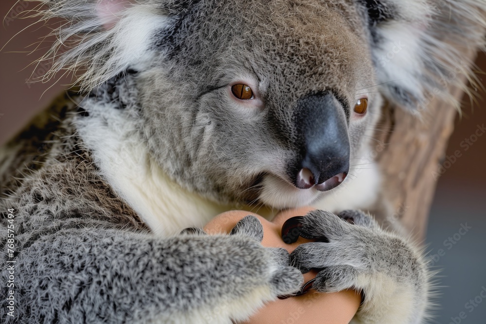 Naklejka premium closeup of koalas paws clasping a small heartshaped pillow