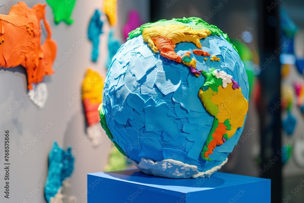 Naklejka premium plasticine globe on a display with various country colors