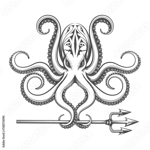 Octopus Holds Trident in Tentacles Engraving Illustration