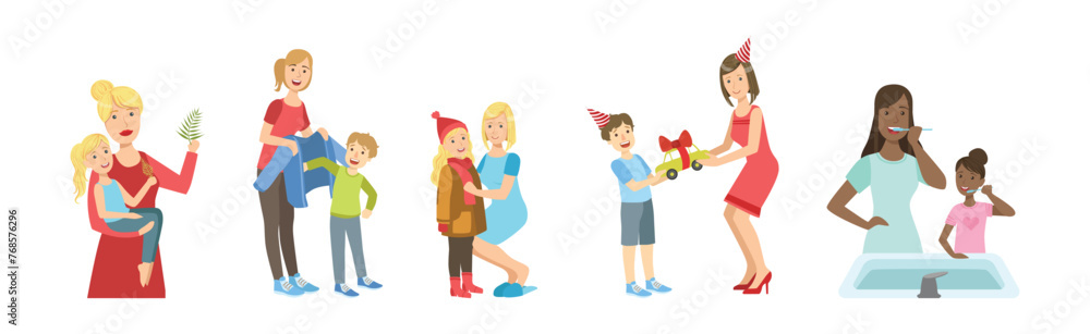 Mother and Kid Engaged in Daily Activity Vector Set