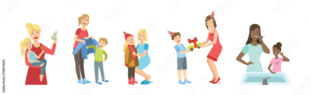 Mother and Kid Engaged in Daily Activity Vector Set Mother and Kid Engaged in Daily Activity Vector Set
