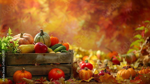 Bountiful Harvest of Autumn Vegetables in a Wooden Crate on a Warm Sienna Background.