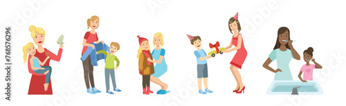Mother and Kid Engaged in Daily Activity Vector Set © topvectors