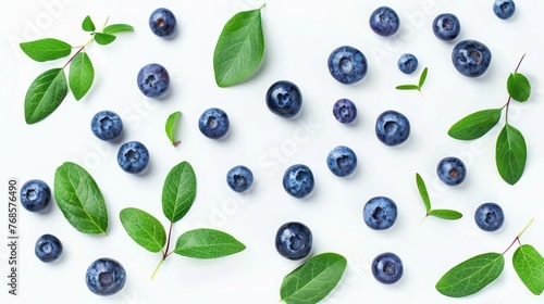 Blueberries isolated on white background with leaves. View from the top.
