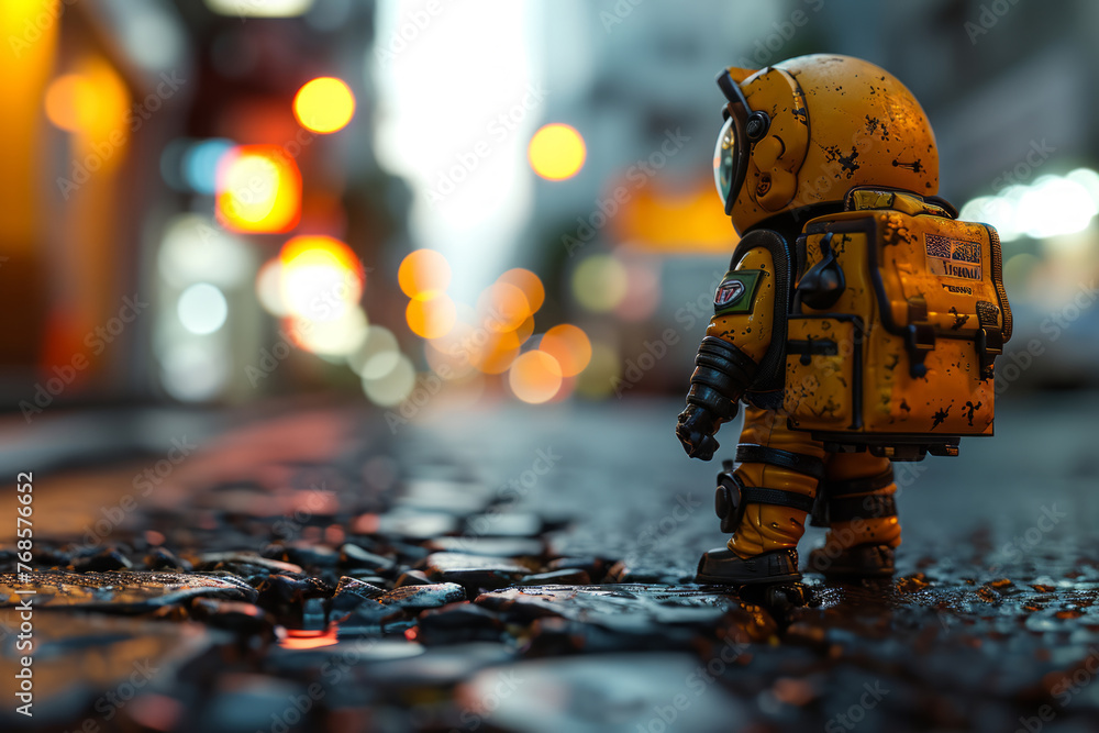 Fototapeta premium Closeup of a Lego figure on the street at night. Studio shot.
