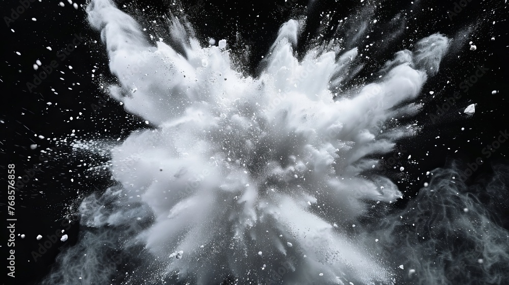 On a black background, an explosion of white powder is shown - obrazy, fototapety, plakaty 