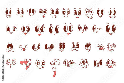 Set of retro cartoon mascot characters. Vintage funny faces with emotions of joy, fun, surprise or cunning. Funny avatars with big eyes and mouth. Vector 