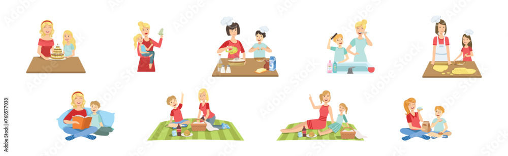 Fototapeta premium Mother and Kid Engaged in Daily Activity Vector Set