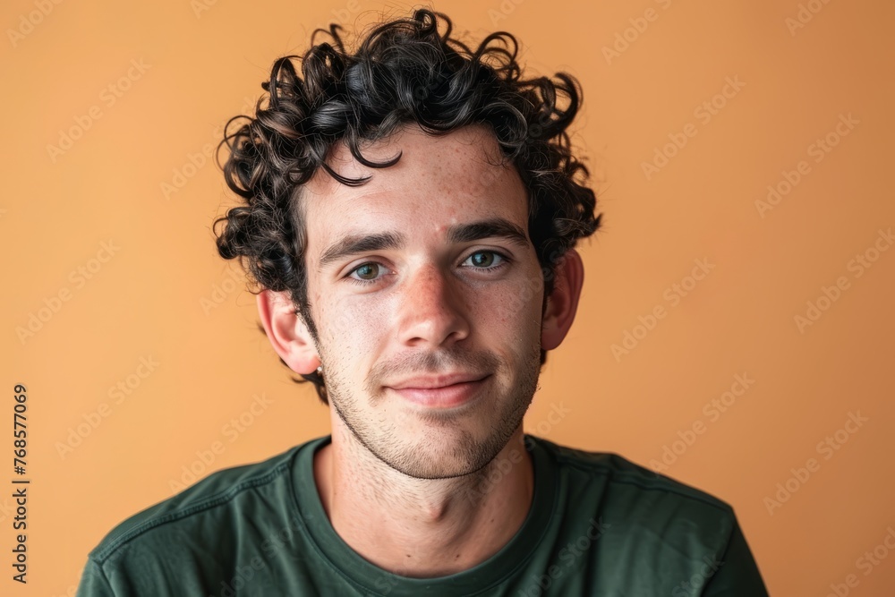 Portrait of a young man with curly hair on a orange background Portrait of a young man with curly hair on a orange background