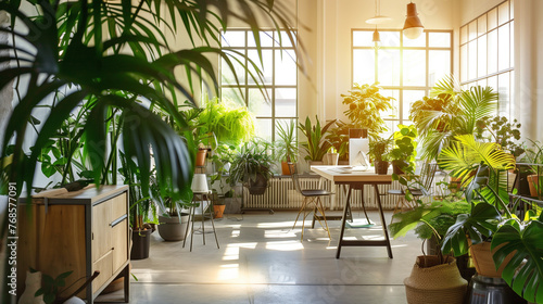 A bright, airy office space filled with lush green plants and sunlight streaming through large windows. A desk is set up in the center of the room surrounded by various houseplants, creating an atmosp © IULIIA