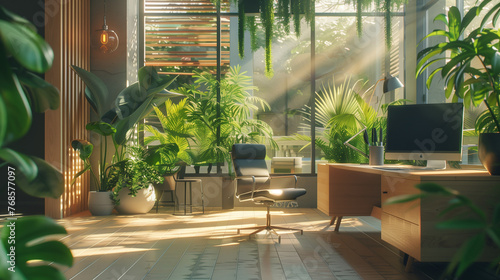 A home office with plants  sunlight streaming through the window and creating a warm atmosphere. The room is decorated in earthy tones with wooden furniture and greenery  including potted houseplants 