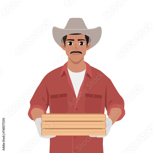Young indian farmer holding an empty wooden crate. Flat vector illustration isolated on white background