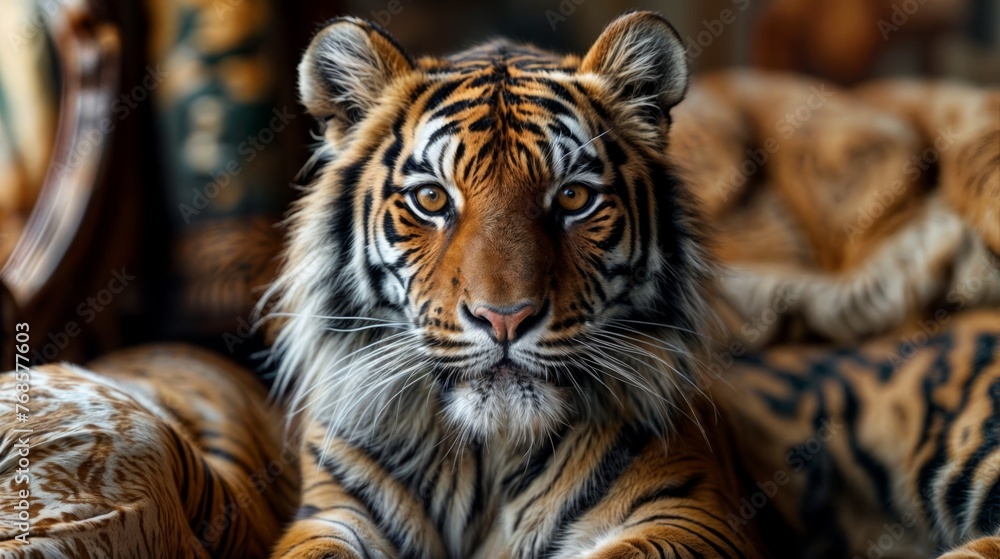 Portrait of a tiger on a sofa. Close-up.