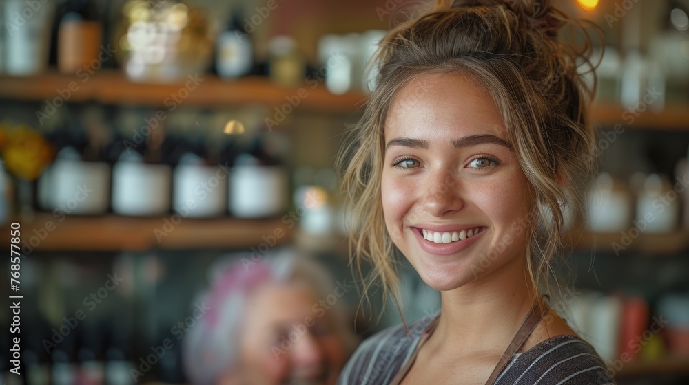 Young woman and elderly woman smiling at each other indoors. Young woman and elderly woman smiling at each other indoors.