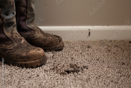 mudstained boots beside a clean carpet transition to filthy photo