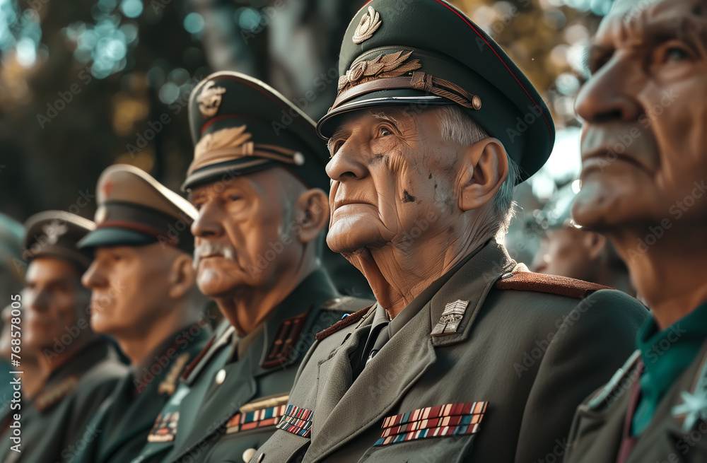 An American senior war veteran, wearing his uniform with pride, stands solemnly in a cemetery. Generative AI. An American senior war veteran, wearing his uniform with pride, stands solemnly in a cemetery. Generative AI.