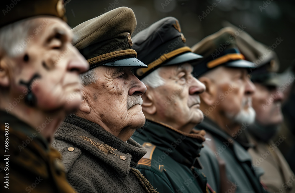 An American senior war veteran, wearing his uniform with pride, stands solemnly in a cemetery. Generative AI. An American senior war veteran, wearing his uniform with pride, stands solemnly in a cemetery. Generative AI.