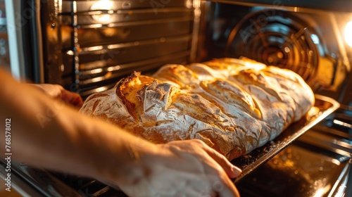 Hand removing freshly baked bread rolls from oven.