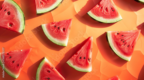 Refreshing Watermelon Slices Arranged Neatly on a Radiant Orange Background.