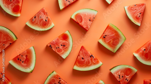 Refreshing Watermelon Slices Arranged Neatly on a Radiant Orange Background.