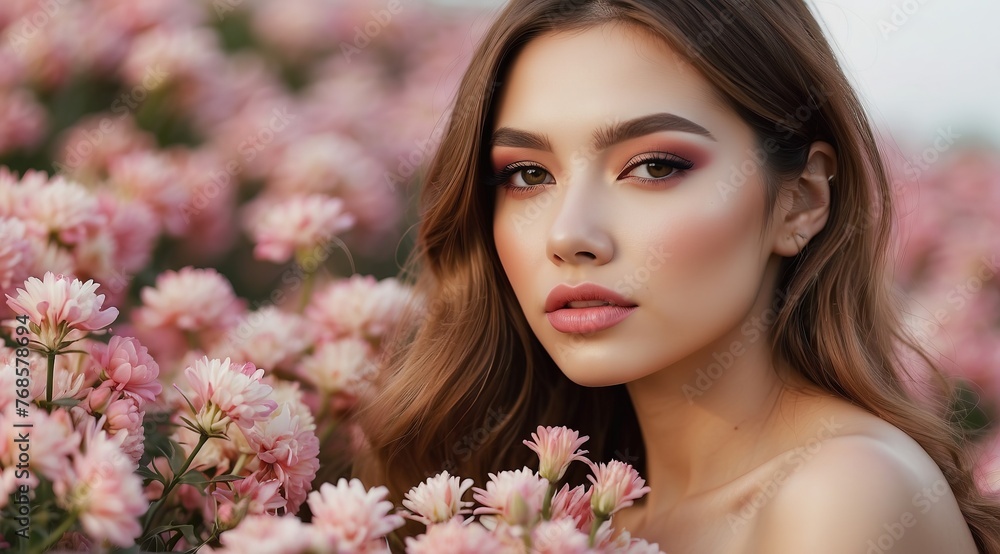 Woman pose beside flower landscape Woman pose beside flower landscape
