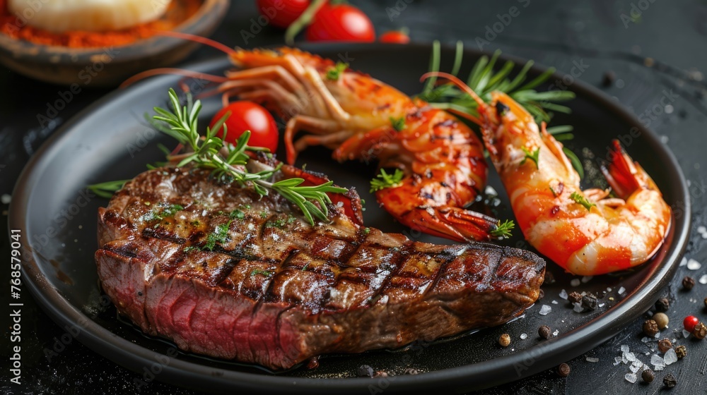 Grilled steak with shrimp on a black stone slab. Grilled steak with shrimp on a black stone slab.