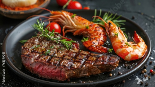 Grilled steak with shrimp on a black stone slab.