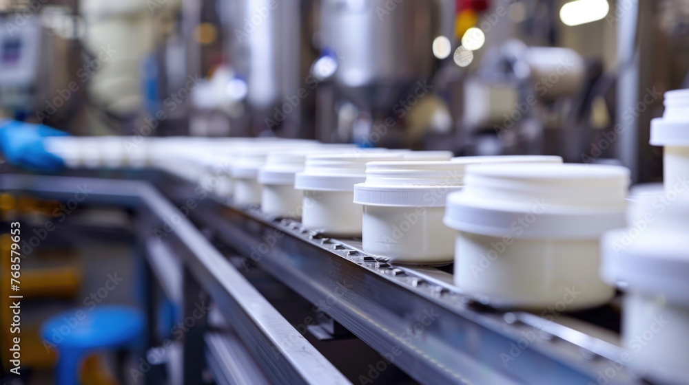 Automated food production line for dairy desserts. Automated food production line for dairy desserts.
