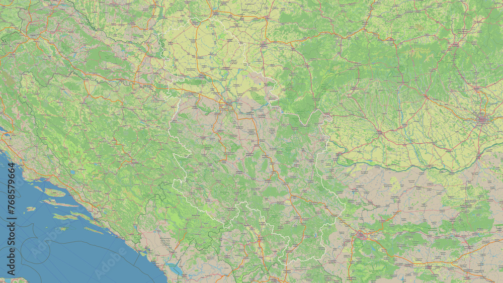 Serbia outlined. OSM Topographic German style map