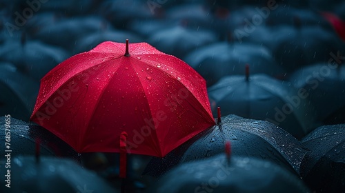 Single individual carrying a vibrant red umbrella among a sea of people with black umbrellas detailed and high resolution image