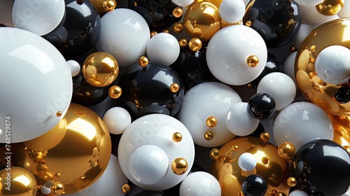 Imagine a captivating 3D render featuring a cluster of abstract spheres and solids in gold  white  and black  creating a visually striking and dynamic composition. 