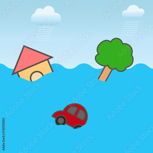 Heavy rain floods houses and cars in the rainy season.