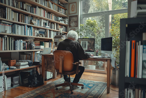elderly man working on a computer in a home office