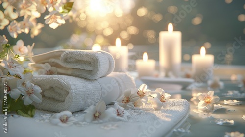 A white towel neatly folded next to a cluster of lit candles on a wooden table.