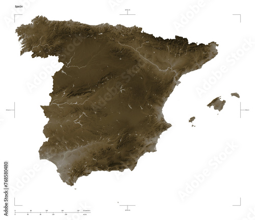 Spain shape isolated on white. Sepia elevation map