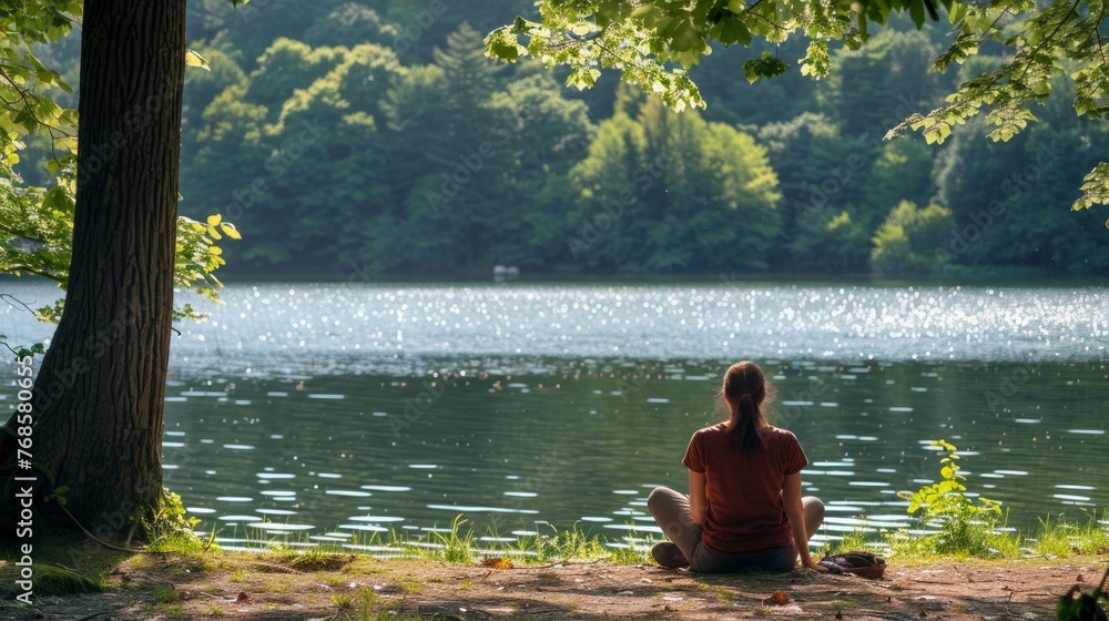 A person, a woman, is sitting on the shore of a lake.