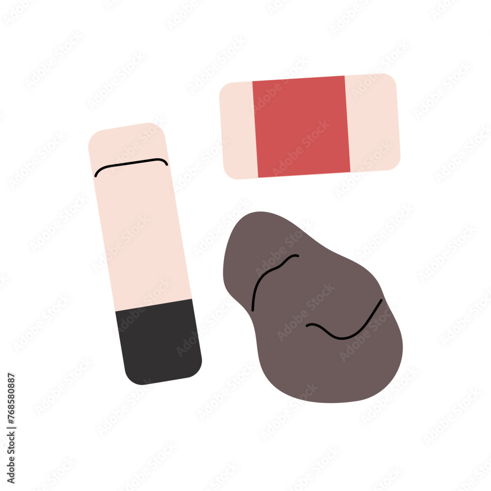 Set of different simple and kneaded erasers. Putty rubber. School stationery to remove marks from paper. Art class supplies. Drawing tool. Flat isolated vector illustration on white background Set of different simple and kneaded erasers. Putty rubber. School stationery to remove marks from paper. Art class supplies. Drawing tool. Flat isolated vector illustration on white background