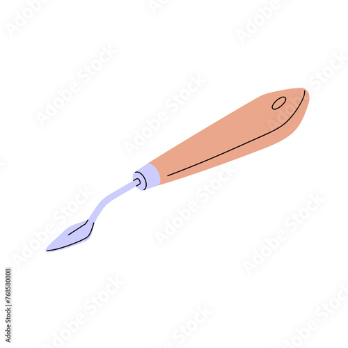 Painting or palette knife. Art tool using to apply, mixing acrylic or oil paints. Drawing stationery with steel blade and wooden handle. Flat isolated vector illustration on white background