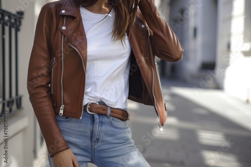 woman pairing brown leather jacket with white tee and jeans