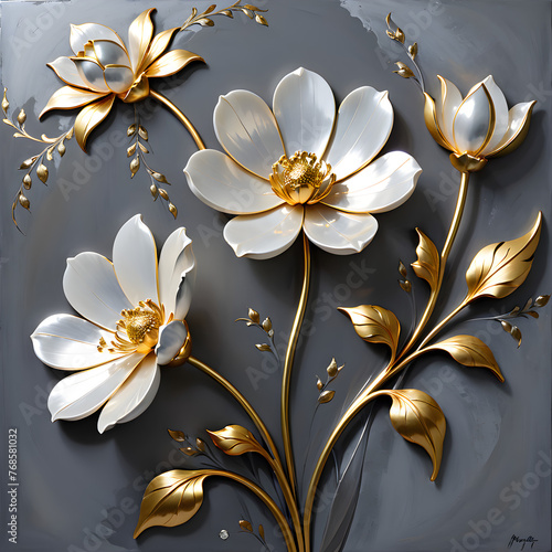 High-quality artwork mother-of-pearl silver white lacquerware and gold a flower with meticulous design by devoid of shine.(Generative AI)  photo