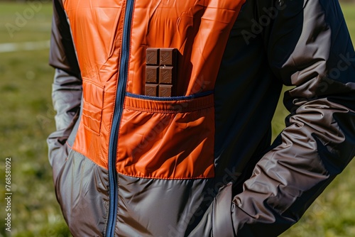 soccer coach with a chocolate bar in the pocket of a windbreaker jacket photo