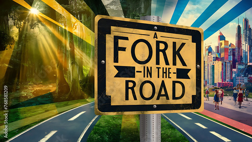 road that splits into two distinct paths, with a sign indicating “A FORK IN THE ROAD"