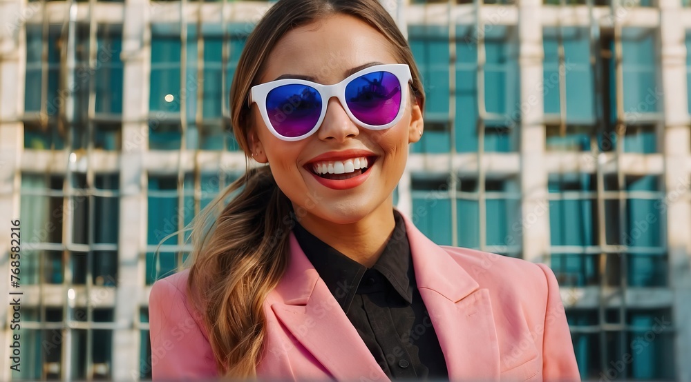 Overjoyed young woman in recruitment suit. beauty fashion model, colorful sunglasses Overjoyed young woman in recruitment suit. beauty fashion model, colorful sunglasses