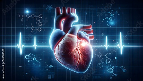 human heart with an overlay of an electrocardiogram (EKG) rhythm, molecular structures, and other scientific graphics, suggesting a high-tech medical analysis theme. 3d illustration. photo