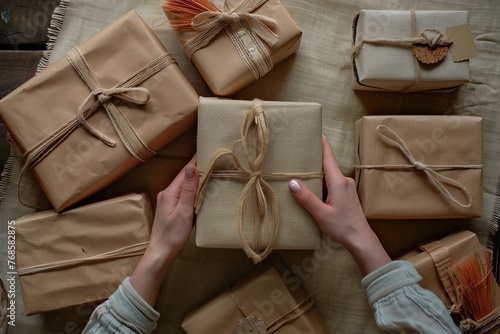person arranging gifts packaged in recycled cardboard with natural fiber ribbons