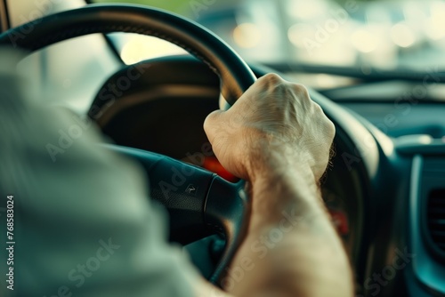 closeup of a driver gripping the steering wheel