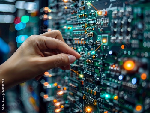 Detailed view of a technicians hands configuring a network of IoT sensors for an industrial automation system, highlighting the precision and complexity , cinematic