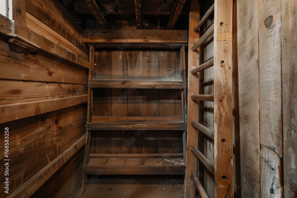 empty rustic pantry with a wooden ladder empty rustic pantry with a wooden ladder